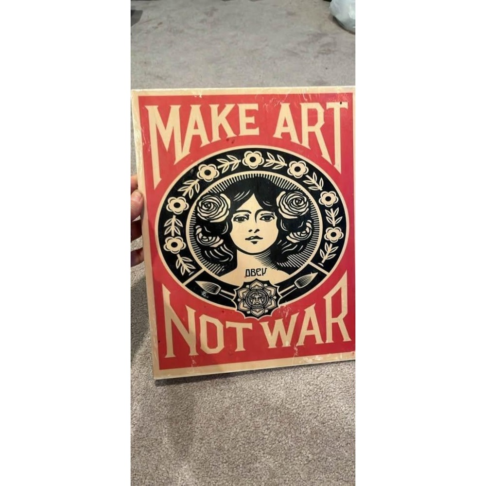 Obey Shepard Fairey Make Art Not War Wood Wall Art Plaque Red Black 12x9